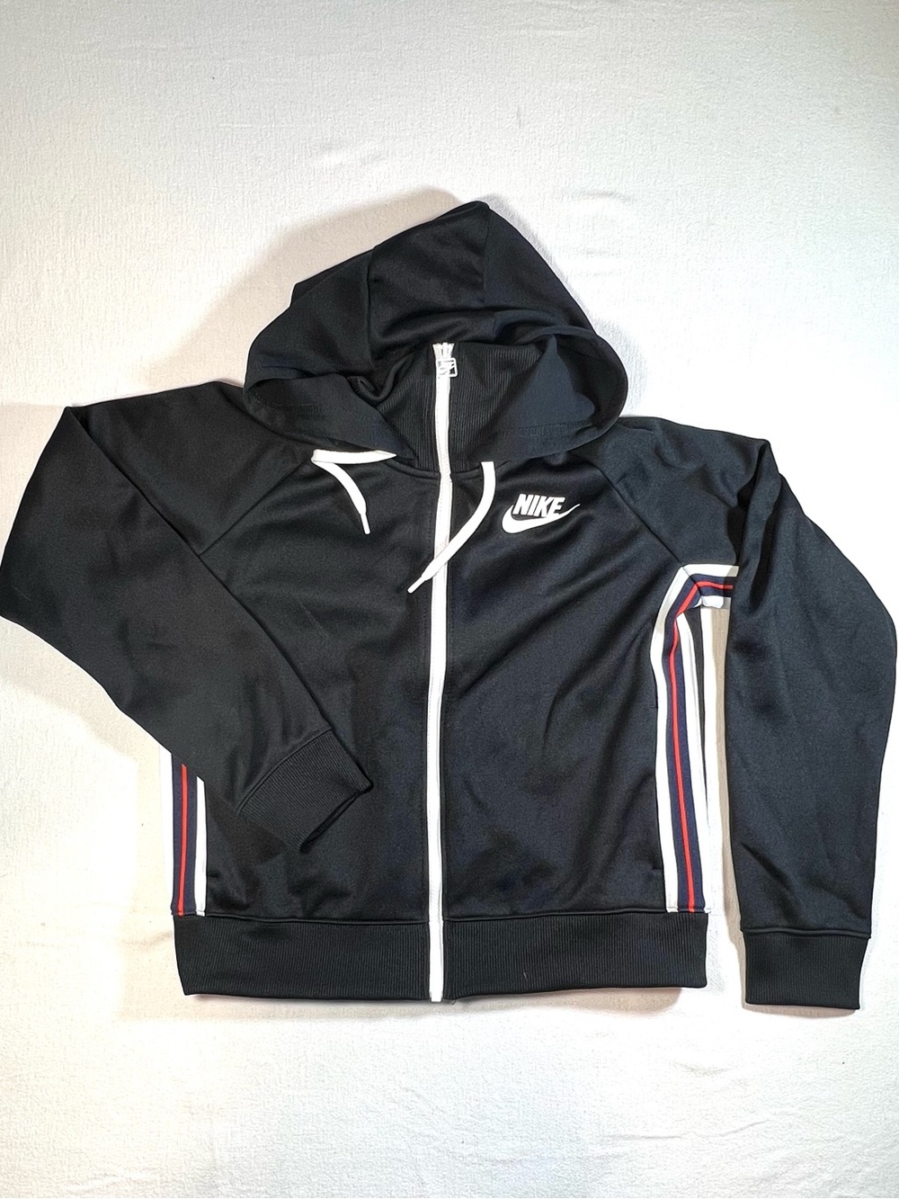 Nike Black Hooded Tracksuit Jacket with Red & White Stripe Trim
